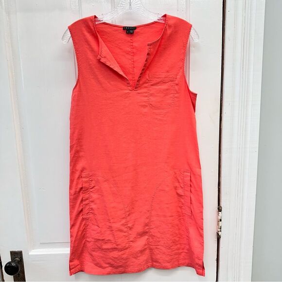 Theory coral peach linen stretch sleeveless v neck dress with pockets women's 6. - Picture 1 of 5